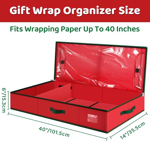 Fabspace Christmas Wrapping Paper Storage Organizer - 40 Inch Gift Wrap Container with Visible Pockets - Red