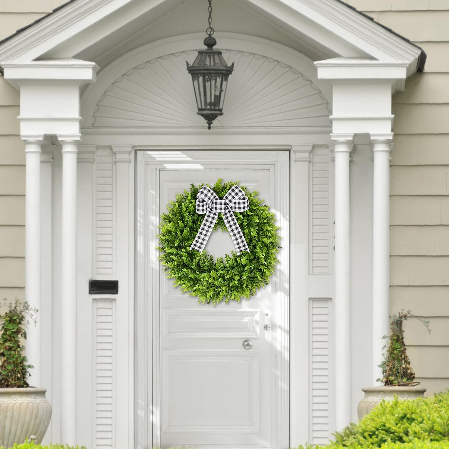 Vlorart 20" Faux Boxwood Wreath - Large Artificial Greenery with Plaid Bow for Door & Wedding Decor