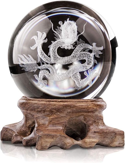 HDCRYSTALGIFTS 3D Inner Carved Dragon Crystal Ball - 60mm Glass Paperweight with Wooden Base for Lucky Birthday Gift