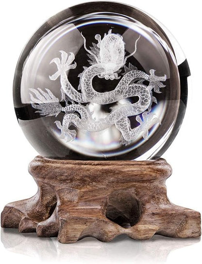 HDCRYSTALGIFTS 3D Inner Carved Dragon Crystal Ball - 60mm Glass Paperweight with Wooden Base for Lucky Birthday Gift