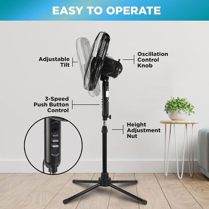 Comfort Zone 16-Inch Oscillating Pedestal Fan - High-Velocity 3-Speed Cooling, Adjustable Height & Tilt, Black