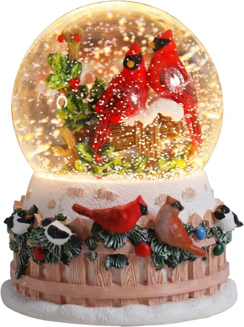 Bdor Christmas Cardinal Snow Globe - LED Lights & Music | 4.53" x 4.53" x 5.51" | Winter Bird Holiday Decor