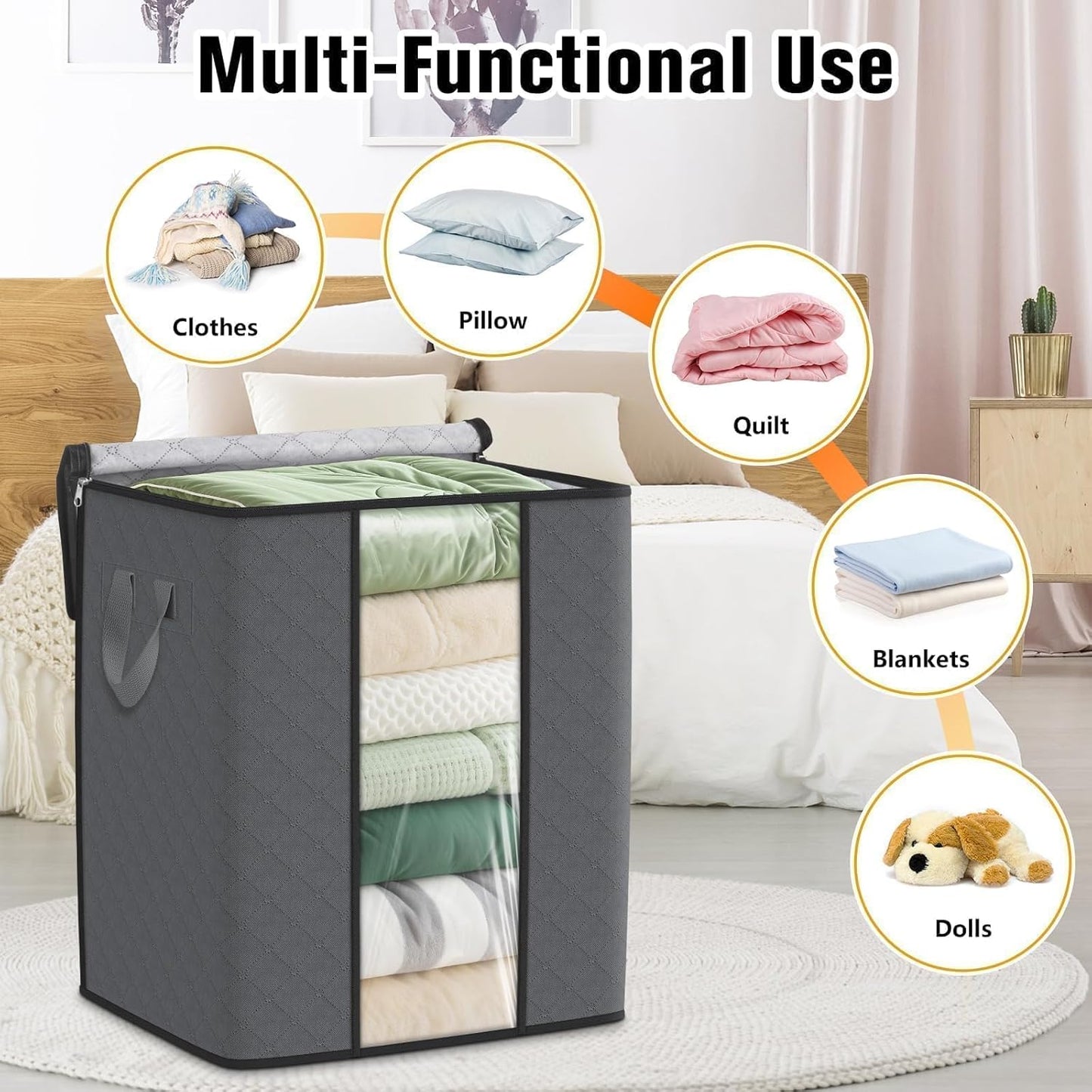 SpaceTrove Clothes Storage Bags - 80L Large Capacity Organizers with Visual Window | 6-Pack Grey Bedding Solutions