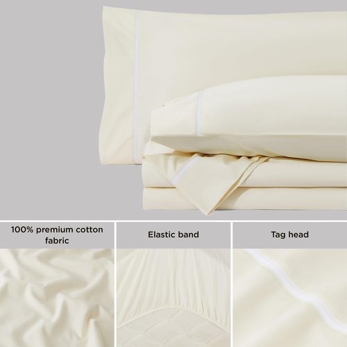 Bedsure 100% Cotton Sheets King Size Set - 500 Thread Count Cotton Sateen Bedsheets, Luxury Hotel Quality, Soft & Breathable Bedsheets, 16" Deep Pocket, 4-Piece, Include King Flat Sheet Ivory