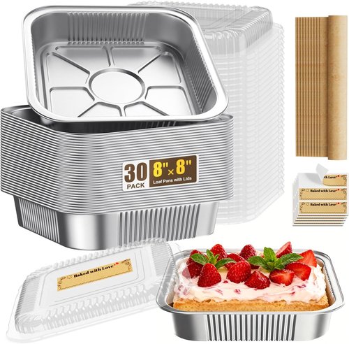 Gyreuni 30 Pack Disposable Aluminum Foil Loaf Pans with Lids & Parchment Paper | 8" x 8" Square Baking Tins