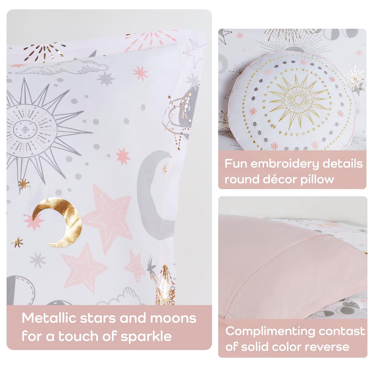Mi Zone Kids Twin Comforter Set, Celestial Metallic Comforter Set Starry Sky, Moon & Sun Comforters, All Seasons Lightweight & Fluffy Comforter Bed Set, 1 Sham, Celia, Twin, Blush/Gold 3 Piece
