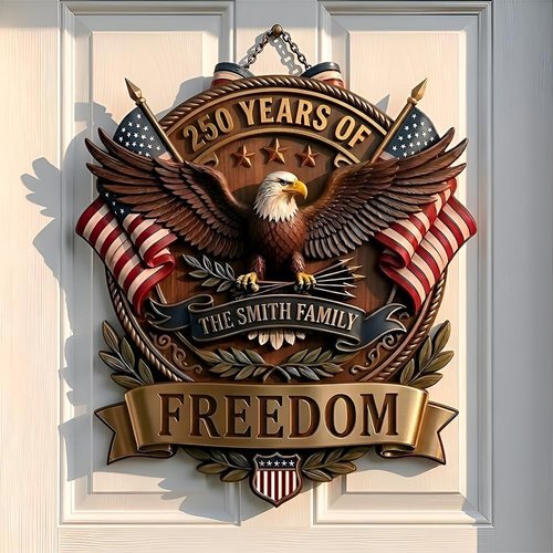Custom USA 250th Anniversary Wooden Door Wreath - Personalized Family Name Patriotic Decor | Rustic Independence Gift 3