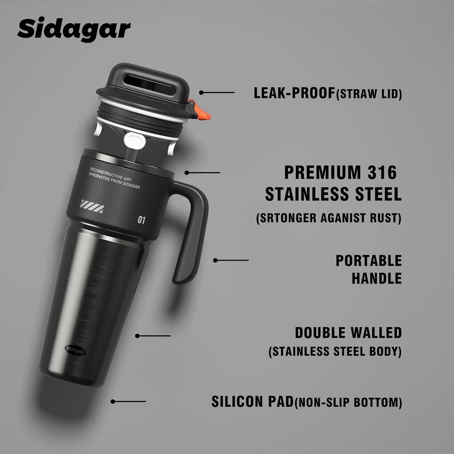 Skiennix 32 oz Tumbler - Vacuum Insulated Stainless Steel Travel Mug with Handle & Straw | Obsidian Black