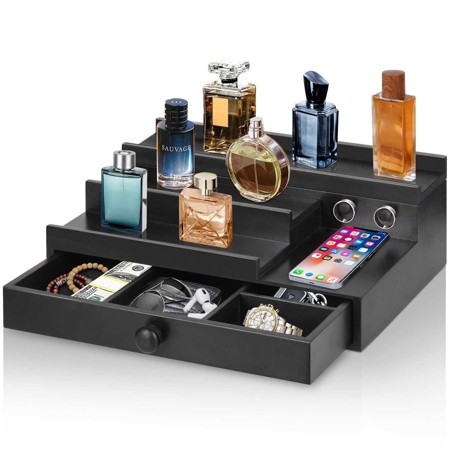 Cologne Organizer for Men with Drawer, Wood Cologne Stand Display Shelf with Hidden Compartment, Perfume Holder Organizer for Dresser, Room Essentials for Men, Display Risers, Gift for Husband, Father