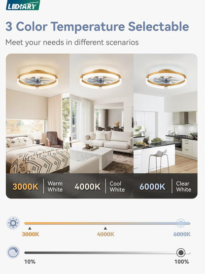 LEDIARY Ceiling Fans with Lights and Remote, 19.7 Inch Low Profile Ceiling Fan, 6 Speeds, Reversible, Dimmable Flush Mount Fan Light,Modern Ceiling Fan with Light for Bedroom, Gold