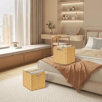 DULLEMELO Wicker Storage Cube Set - 11-Inch Natural Baskets with Handles for Easy Organization | Set of 4