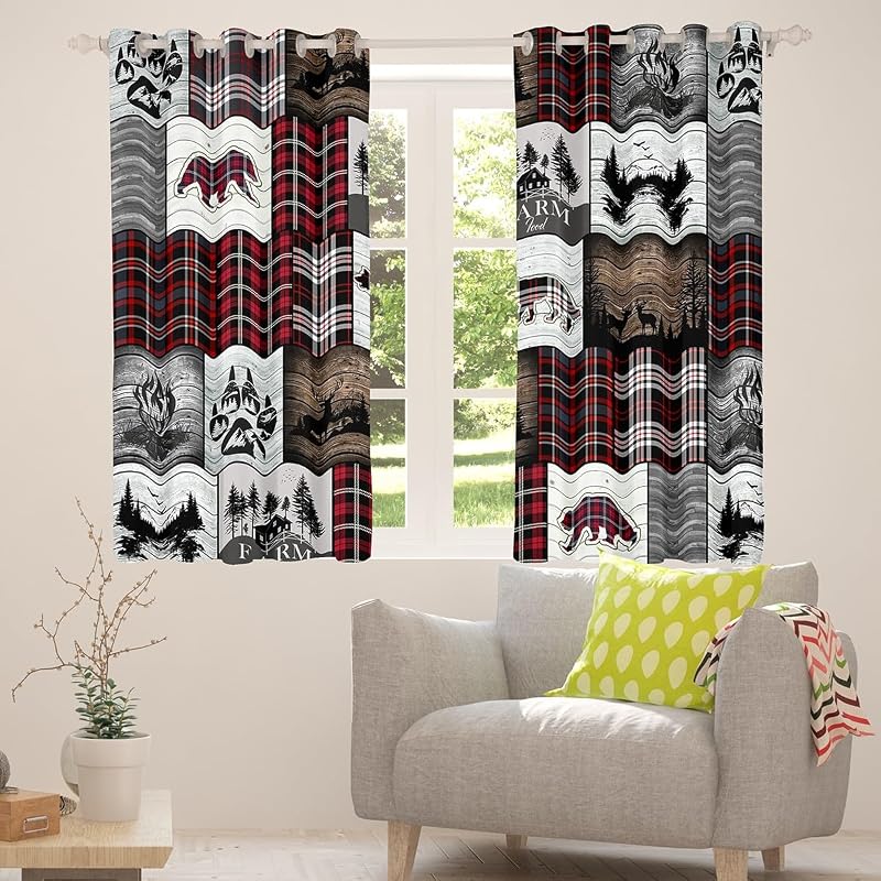 Hunting Bear Blackout Curtains Set - 2 Panels, 38x54 in, Velvet, Multi 05