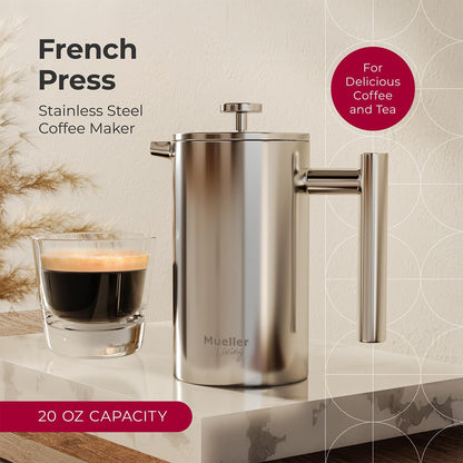 MuellerLiving French Press Coffee Maker - 20oz Stainless Steel, Double Insulated & Dishwasher Safe