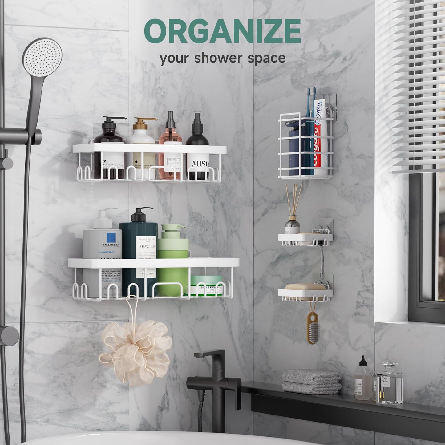 Veken Adhesive Shower Caddy 5-Pack,Heavy Weight Bearing,Large Wall Mounted Shower Shelves Rack,Organizer Storage Accessories with Soap Dish&Toothbrush Holder,Ideal for Bathroom,Home&Kitchen,White