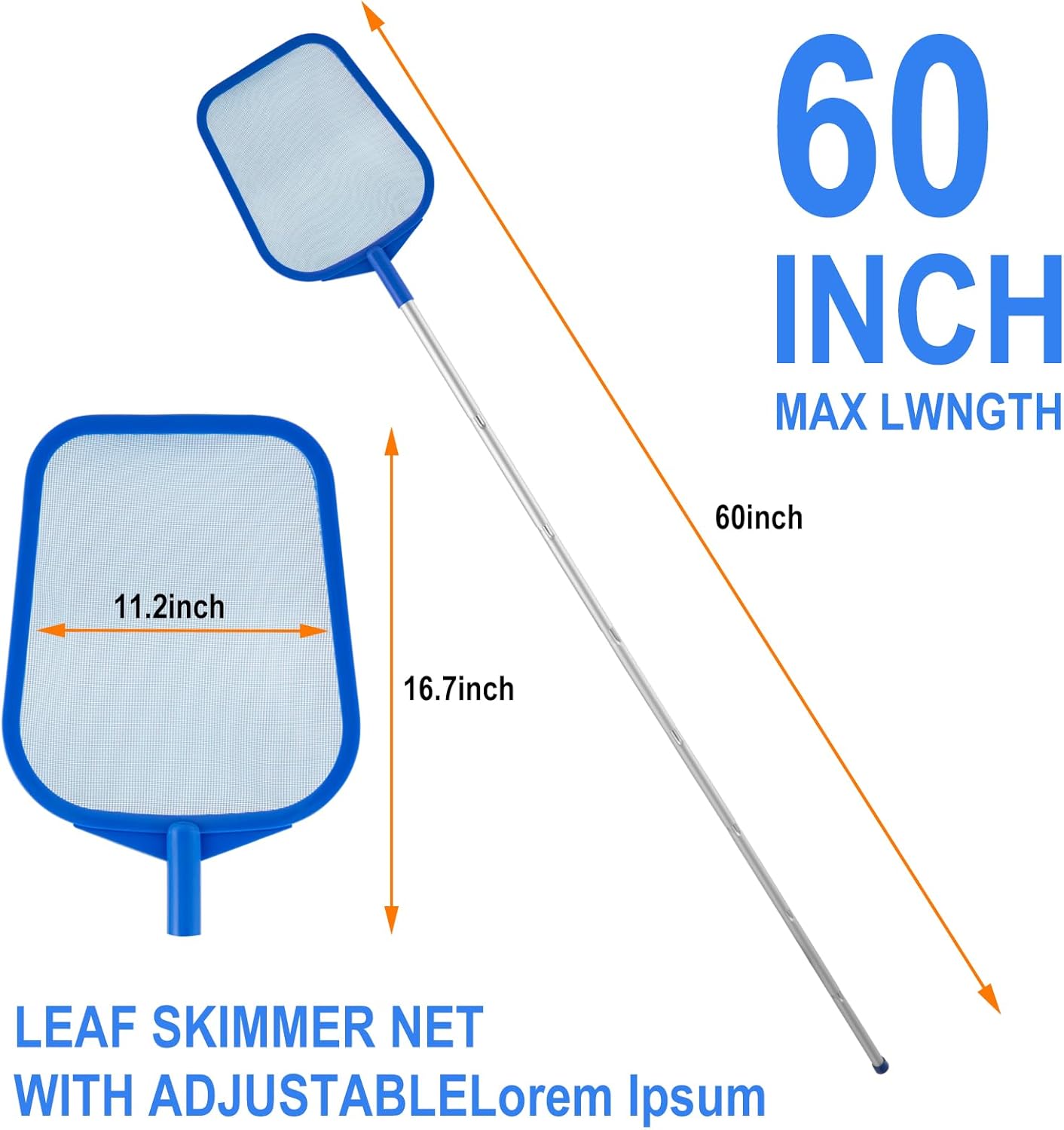 Pool Skimmer | Adjustable Telescopic Aluminum Pole (23''-60'') - Ultra Fine Mesh Net for Pools & Spas