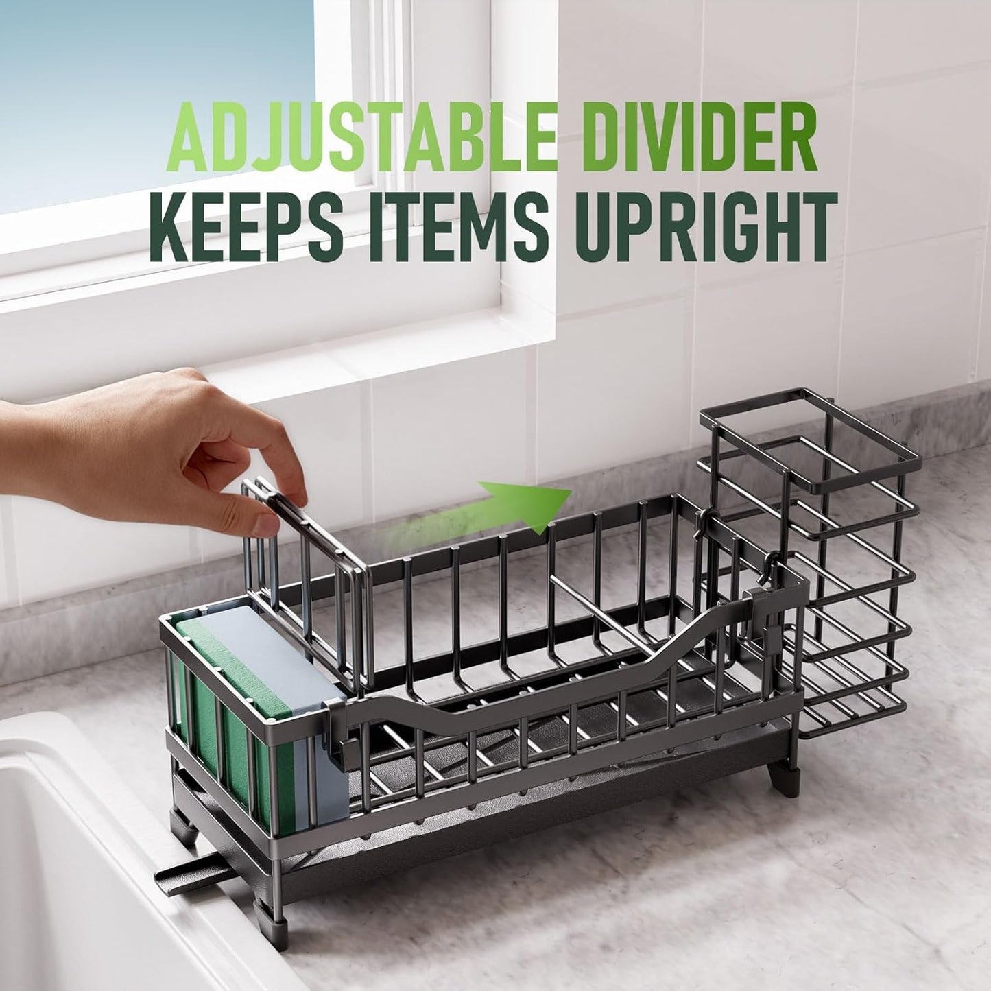 Skiennix Kitchen Sink Caddy - Rustproof Stainless Steel Sponge Holder & Dish Brush Organizer | Black