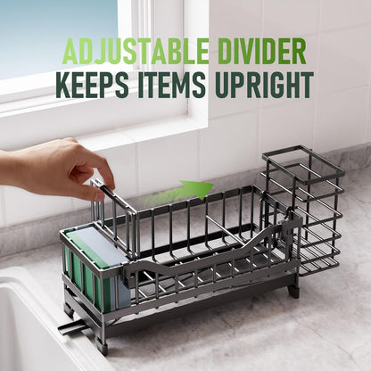 Skiennix Kitchen Sink Caddy - Rustproof Stainless Steel Sponge Holder & Dish Brush Organizer | Black