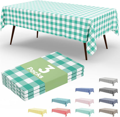 Smiry Teal Gingham Disposable Tablecloths - 3 Pack Heavy Duty Waterproof 54" x 108" Covers for Parties