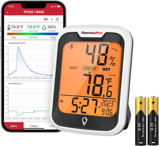 ThermoPro TP358 Bluetooth Thermometer - Smart Indoor Temperature & Humidity Sensor | 260Ft Range, Backlit Display