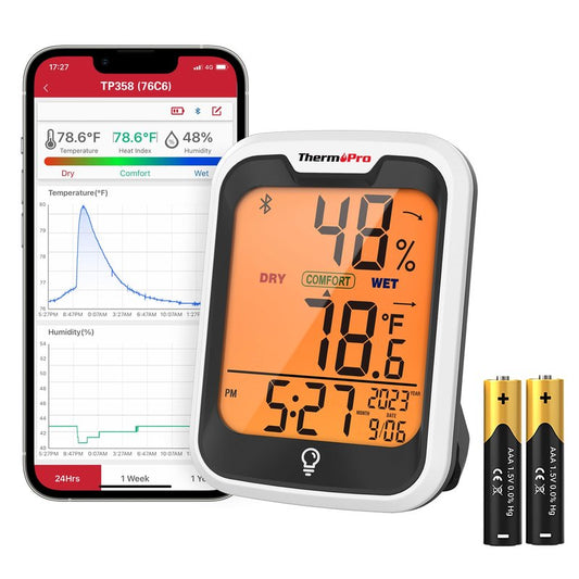 ThermoPro TP358 Bluetooth Thermometer for Room Temperature with Built-in Clock, Smart Temperature Sensor and Humidity Meter with Backlit, 260Ft Hygrometer Indoor Thermometer with Data Storage Export