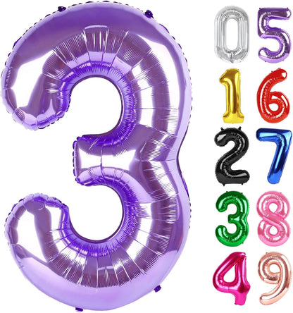 Purple Number 3 Balloon - 40 Inch 3rd Birthday Celebration Decor for Kids & Adults