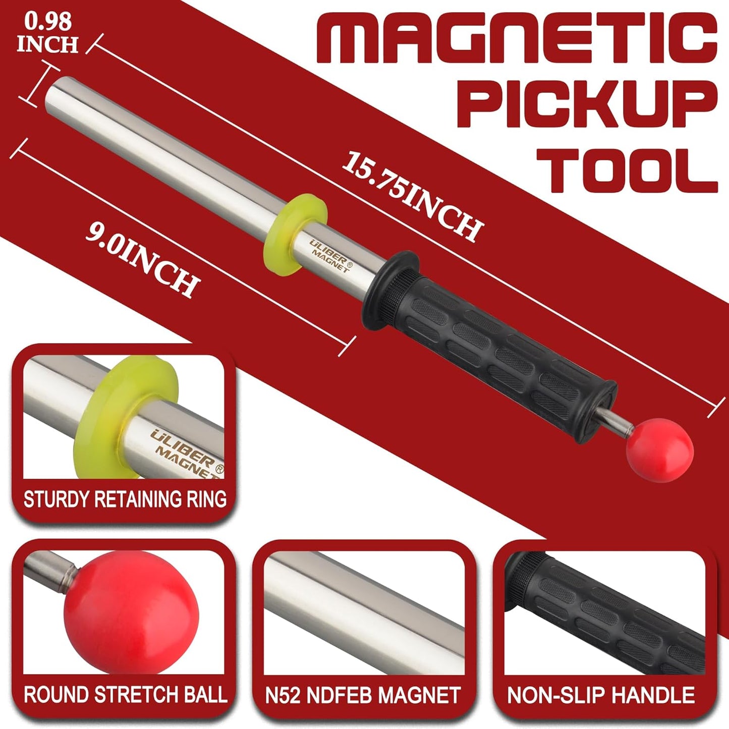 ULIBERMAGNET Magnetic Pickup Tool - 8000 Gauss Neodymium Retrieval Rod with Release Handle | Heavy-Duty Sweeper for Nails, Screws, and Metal Parts