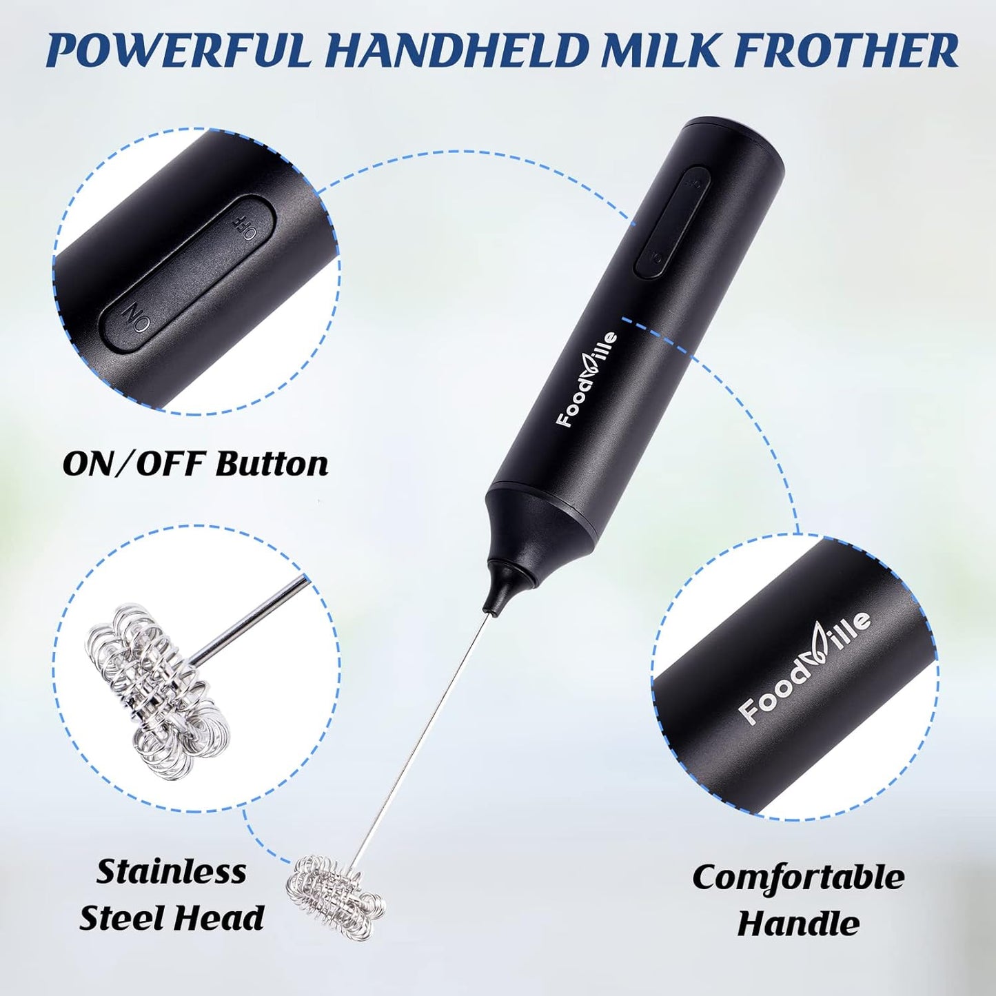 MF05 Rechargeable Milk Frother - USB Handheld Foam Maker with Stainless Whisk for Cappuccino & Latte (Black)