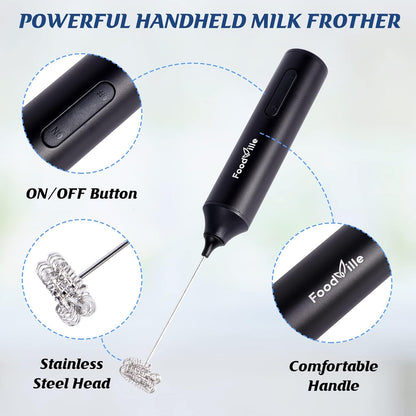 MF05 Rechargeable Milk Frother - USB Handheld Foam Maker with Stainless Whisk for Cappuccino & Latte (Black)
