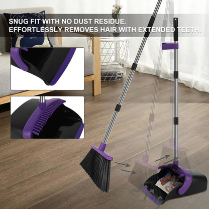 UDUK Broom and Dustpan Set, Large Household Dustpans and Broom with 55 Inch Long Handle, Pueple Broom with Dustpan Combo Set for Home