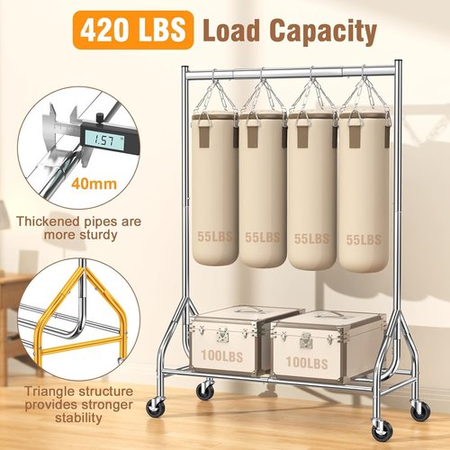 EAGMAK Heavy Duty Clothes Rack - 420 LBS Capacity | Rolling Garment Rack with Lockable Wheels & Shelves (Silver)