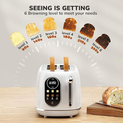 Keenstone Smart Touch Screen Toaster - Retro 2-Slice Stainless Steel with 6 Browning Levels | White