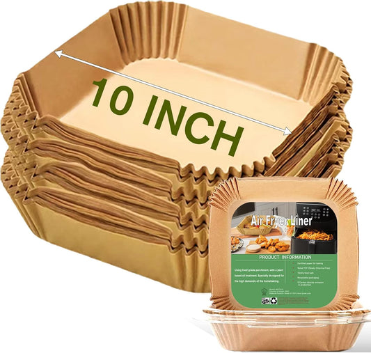 Skiennix 10-Inch Square Air Fryer Disposable Paper Liners - XXL 100-Pack, Non-Stick Food Grade Parchment for Frying & Roasting