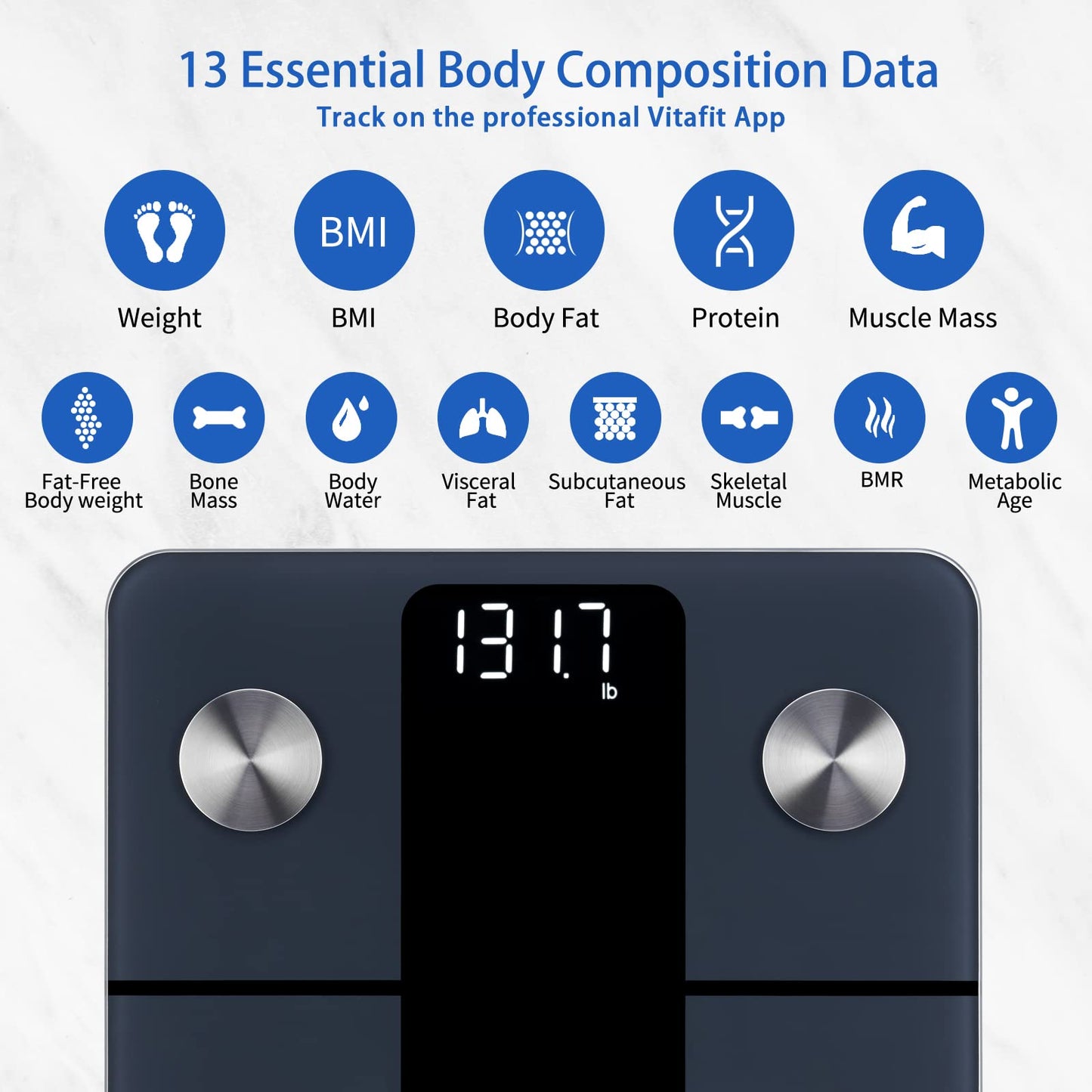 Vitafit Smart Scale for Body Weight, High Accuracy 0.1lb by Our Professional Factory Since 2001, Weight Scale App Sync 13 Body Composition with BMI, Body Fat and Muscle, 400lb, LED, Black