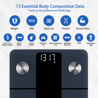 Vitafit Smart Scale for Body Weight, High Accuracy 0.1lb by Our Professional Factory Since 2001, Weight Scale App Sync 13 Body Composition with BMI, Body Fat and Muscle, 400lb, LED, Black