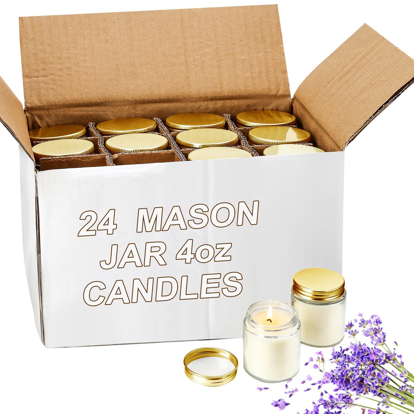 Lounsweer 24 Pcs Bulk Mini Mason Jar Candles 4oz Small Scented Wedding Favors Gifts Lavender Wax Stress Relief Aromatherapy Candles for Christmas Birthday Baby Shower Party Favors(Gold)