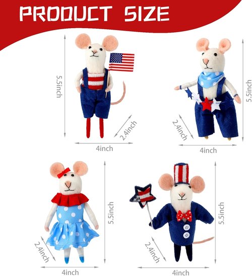 Hahafelt 4 Pcs 4th of July Felt Mice Ornaments - Cute Patriotic Wool Mouse Set | Handmade Red, Blue & White Decor (3.94 Inch)
