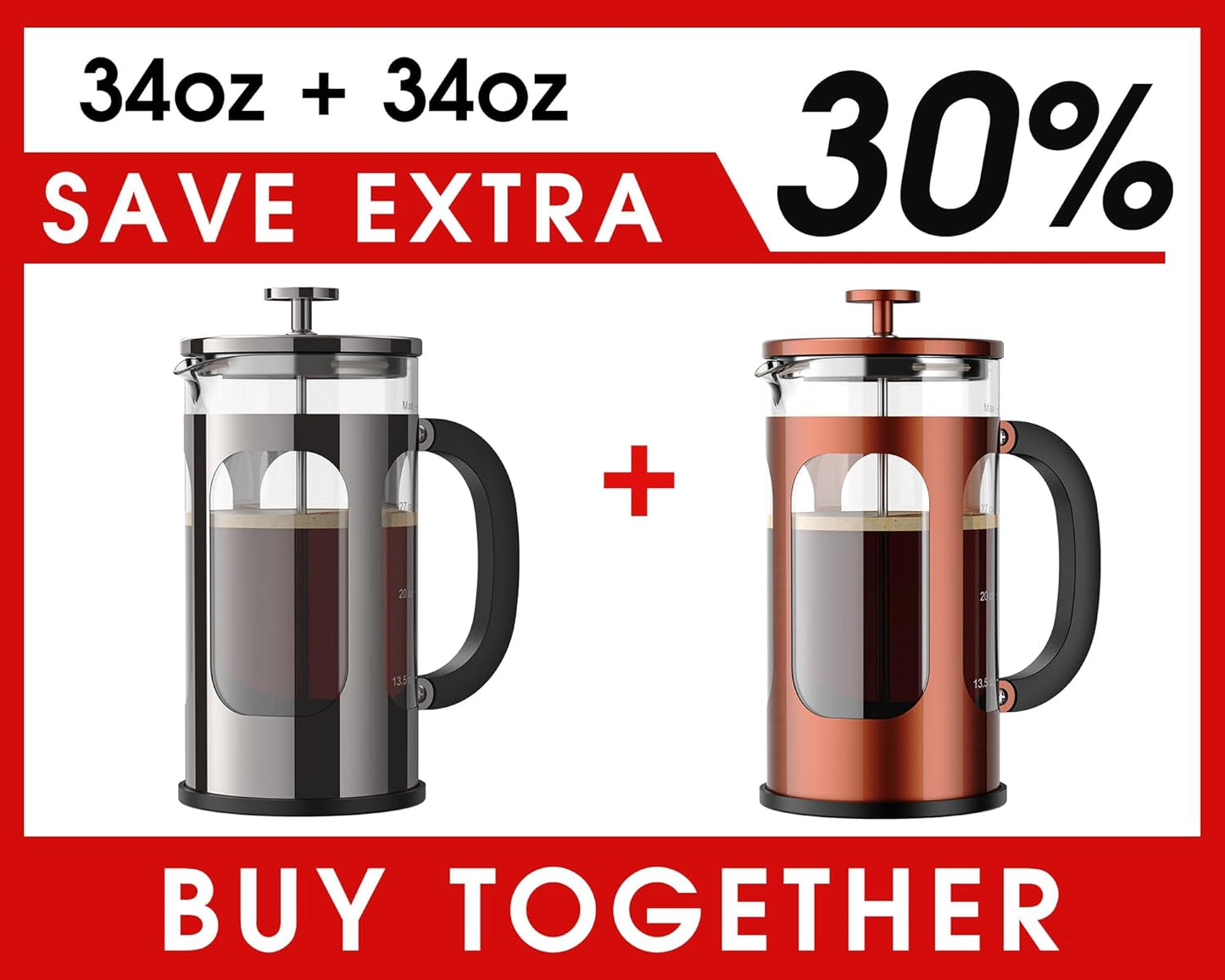 Veken 34oz French Press - Dark Pewter & Copper Design for Rich, Flavorful Coffee