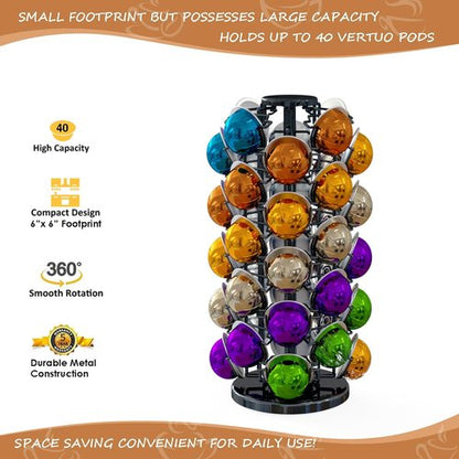 BLACKSMITH FAMILY Coffee Pod Holder - 360° Revolving Organizer for 40 Nespresso Vertuo Pods | Piano Black