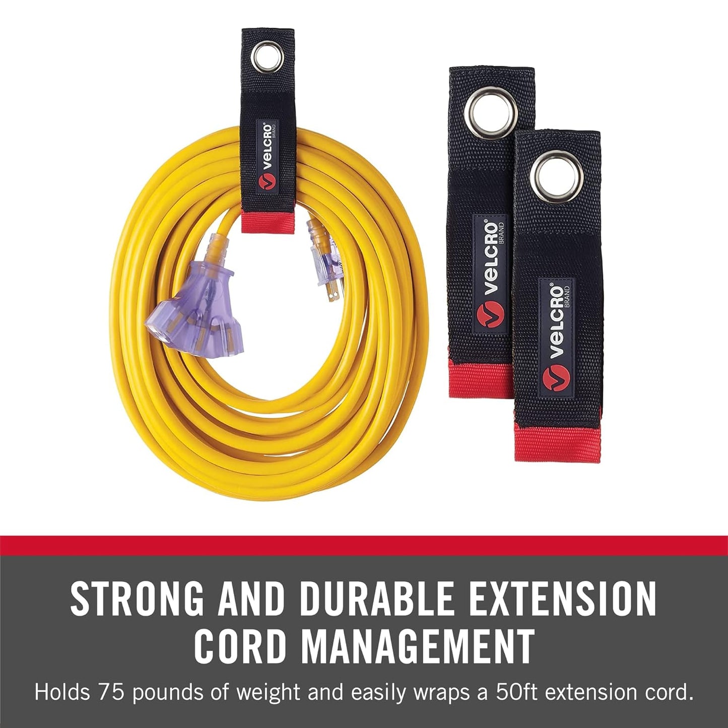 VELCRO Brand Easy Hang Extension Cord Organizer - Heavy Duty 75 lb Hold, 2 Pack, Medium 14 in, Black Straps for 25–50 ft Cords
