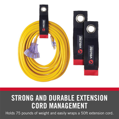 VELCRO Brand Easy Hang Extension Cord Organizer - Heavy Duty 75 lb Hold, 2 Pack, Medium 14 in, Black Straps for 25–50 ft Cords