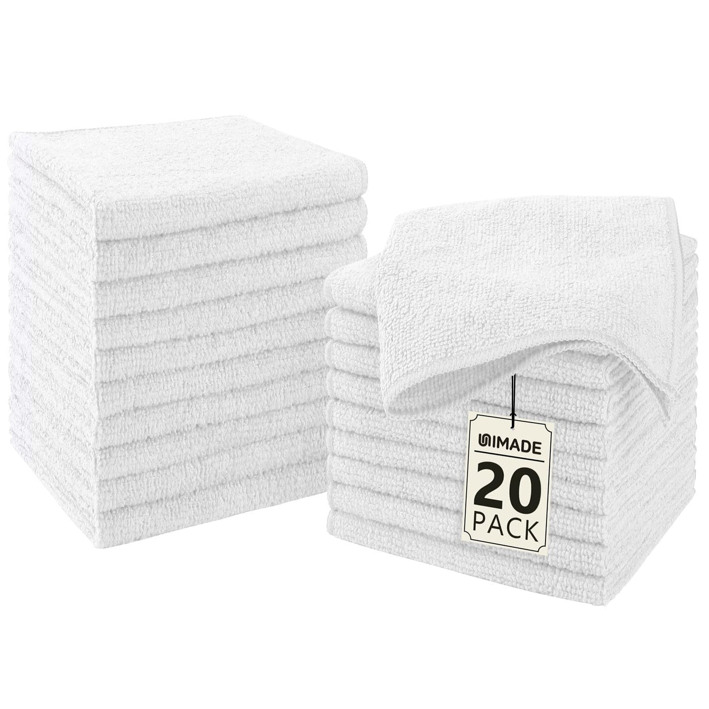 UNIMADE Washcloths - 20 Pack - Face Towels (12" x 12"), Highly Soft Wash Cloths and Hand Towels, Fast Drying Multi-Purpose Microfiber Cleansing Cloths for Bathroom, Hotel, Spa, and Salon - White