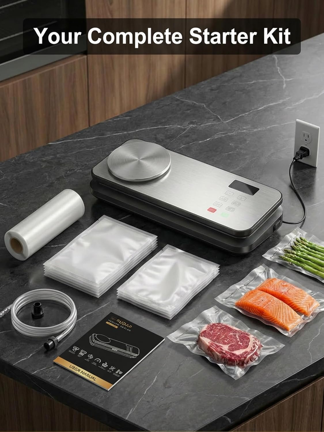 Skiennix Vacuum Sealer - 90kPA Powerful Food Saver with Digital Scale & 12-in-1 Modes | Includes 10 Bags & 1 Roll