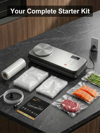 Skiennix Vacuum Sealer - 90kPA Powerful Food Saver with Digital Scale & 12-in-1 Modes | Includes 10 Bags & 1 Roll
