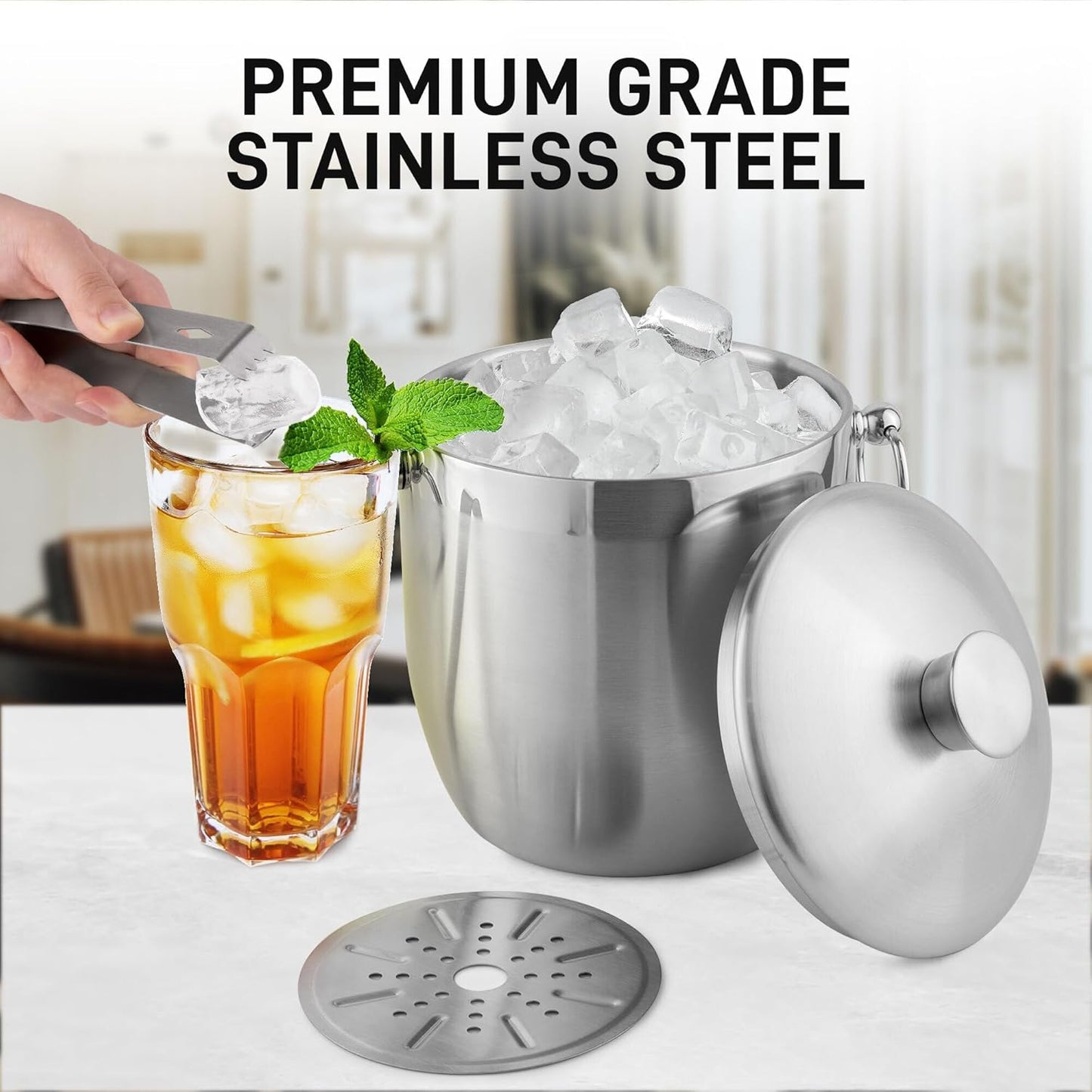 Zulay Kitchen Premium Stainless Steel Double-Wall Insulated Ice Bucket Kit – 3L, Leak-Proof, Stylish Drink Cooler for Parties, Cocktails, Wine, and Whiskey – Perfect for Home & Bar Use