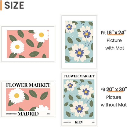 Upsimples 20x30 Poster Frame - Versatile Display for 16x24 Pictures with Mat or 20x30 Without Mat | White, 1 Pack