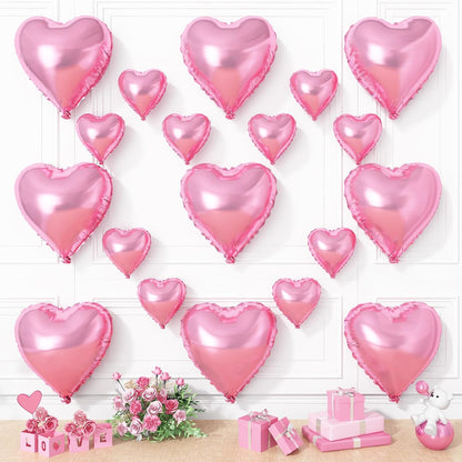 Skiennix Pink Heart Balloons - 19PCS Mylar Heart-Shaped Balloons for Girls' Birthday & Wedding Decor | 18" & 10" Sizes