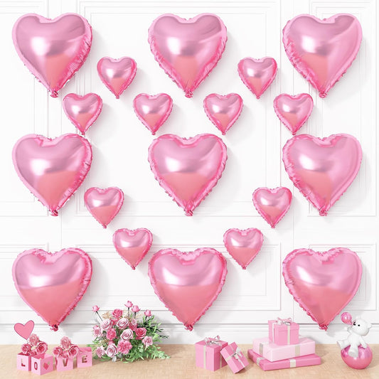 Skiennix Pink Heart Balloons - 19PCS Mylar Heart-Shaped Balloons for Girls' Birthday & Wedding Decor | 18" & 10" Sizes