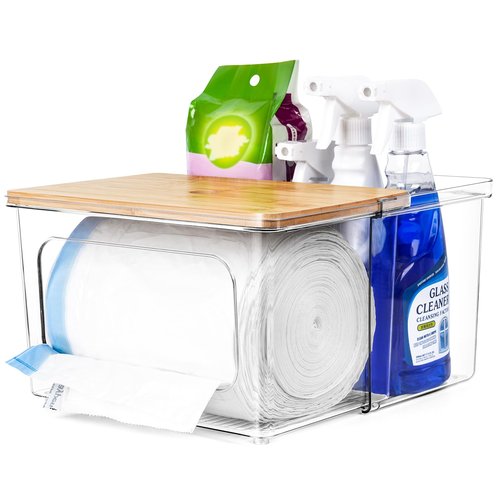 iCASA Trash Bag Dispenser Under Sink Organizer, 2-in-1 Acrylic Trash Bags Holder with Bamboo Lid, Holds Large Rolls up to 100 Count, Garbage Bag Storage Container for Kitchen, Pantry, Laundry Room
