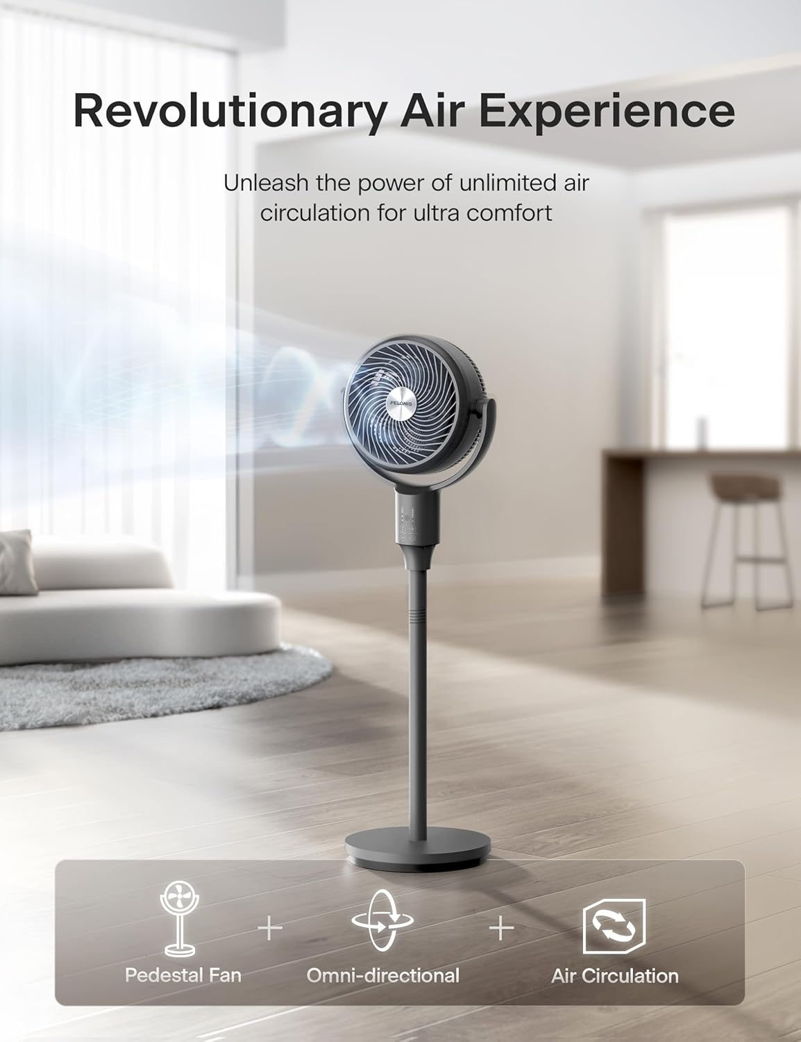 Pelonis Pedestal Fan - Ultra OmniFlow Air Circulator with 135°+90° Oscillation | Quiet 3-Speed Floor Fan with Remote & Timer