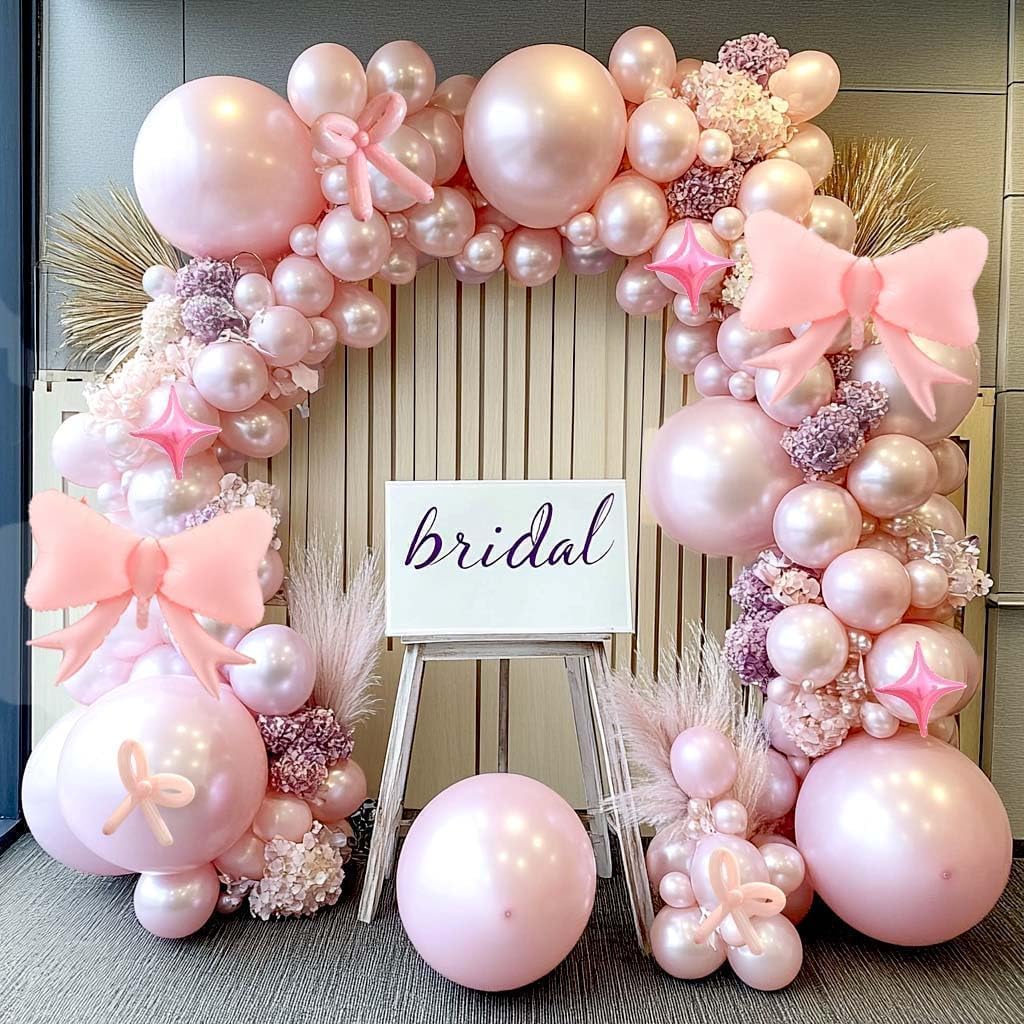 Skiennix Pearl Pink Balloon Arch - Light Pink Foil Bow & Star Balloons for Birthday & Baby Shower Decor